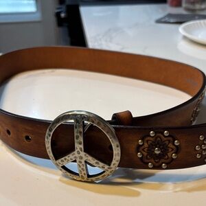 Brighton Brown Leather Belt with Silver Peace Buckle